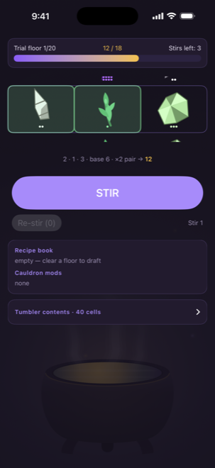 Cauldron's run screen: three ingredient columns settled after a stir, with the score breakdown below and the floor's potion order filling above.