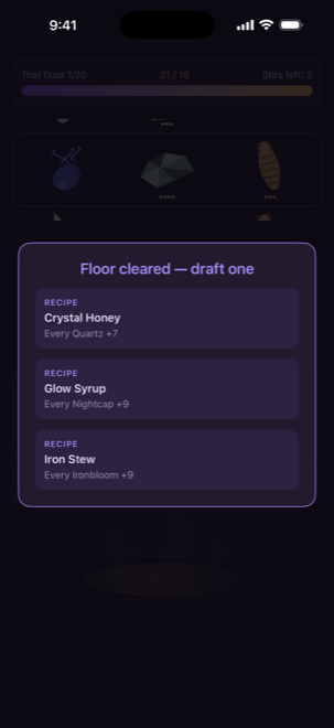 The draft sheet offering three recipe cards, each with a concrete effect such as Every Quartz +7.